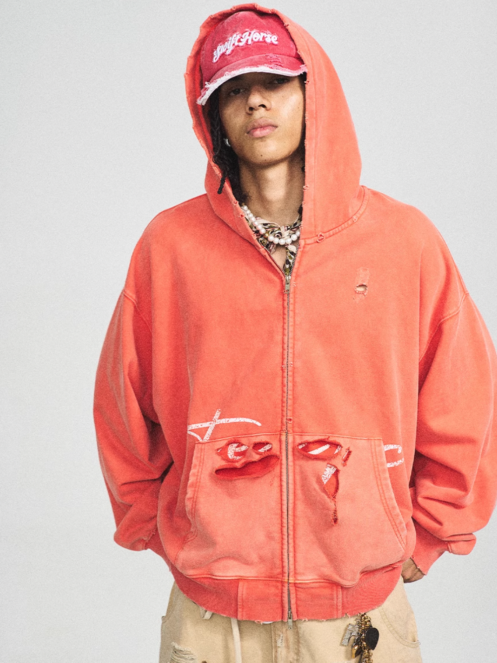 STEEPC Washed Aged Red Raglan Zip Up Hoodie