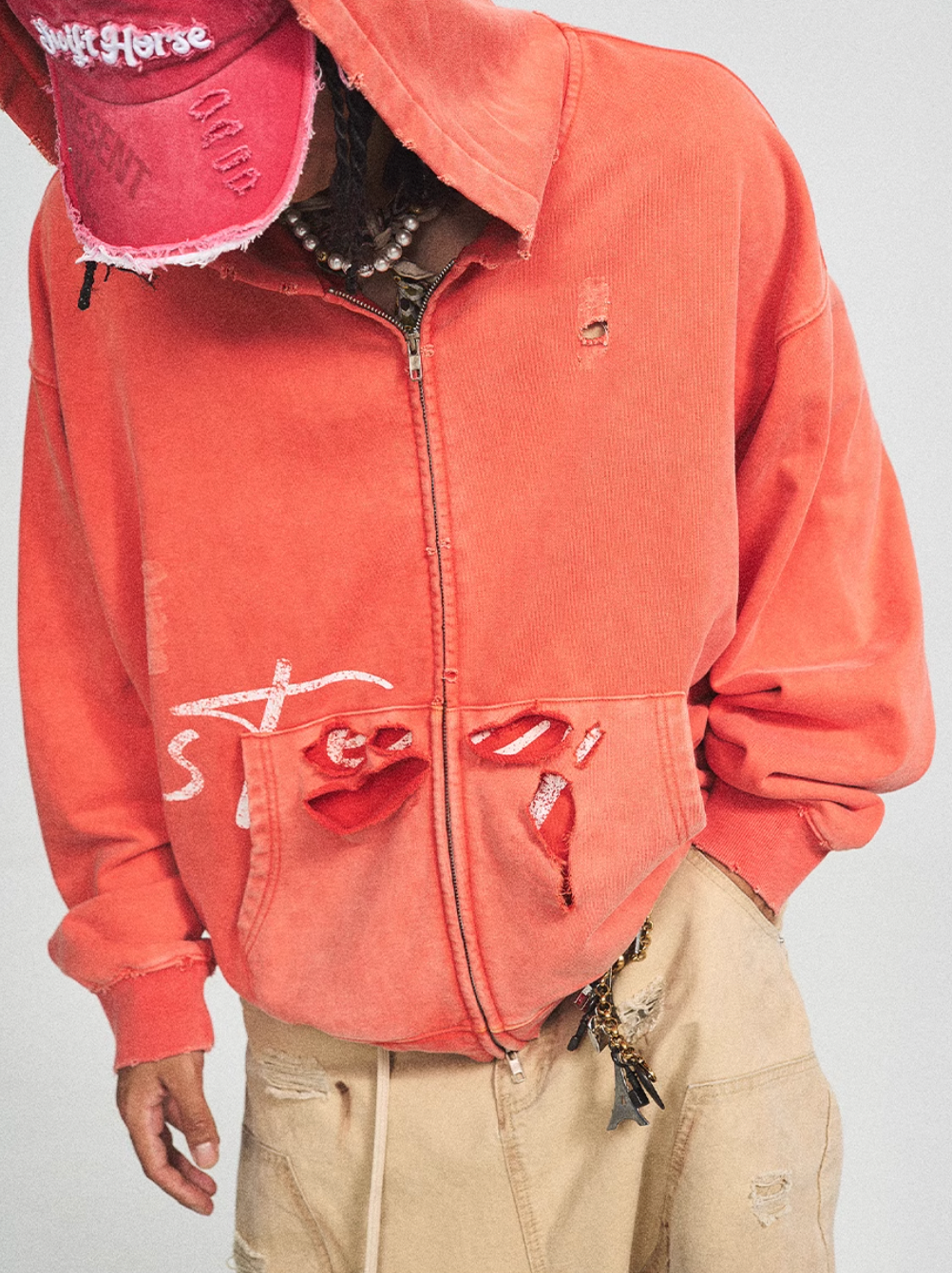 STEEPC Washed Aged Red Raglan Zip Up Hoodie