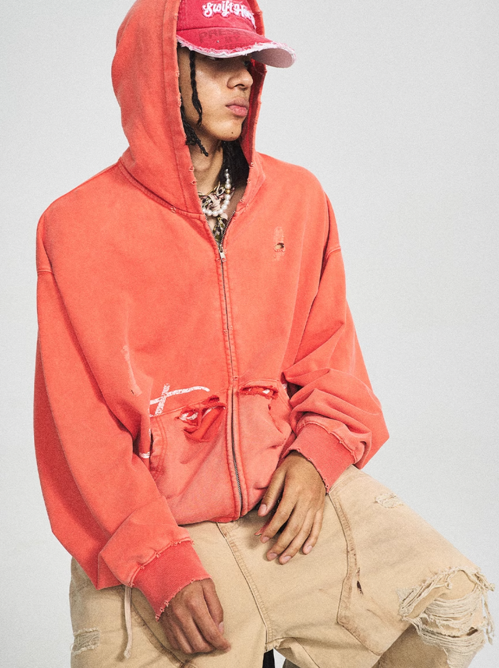 STEEPC Washed Aged Red Raglan Zip Up Hoodie