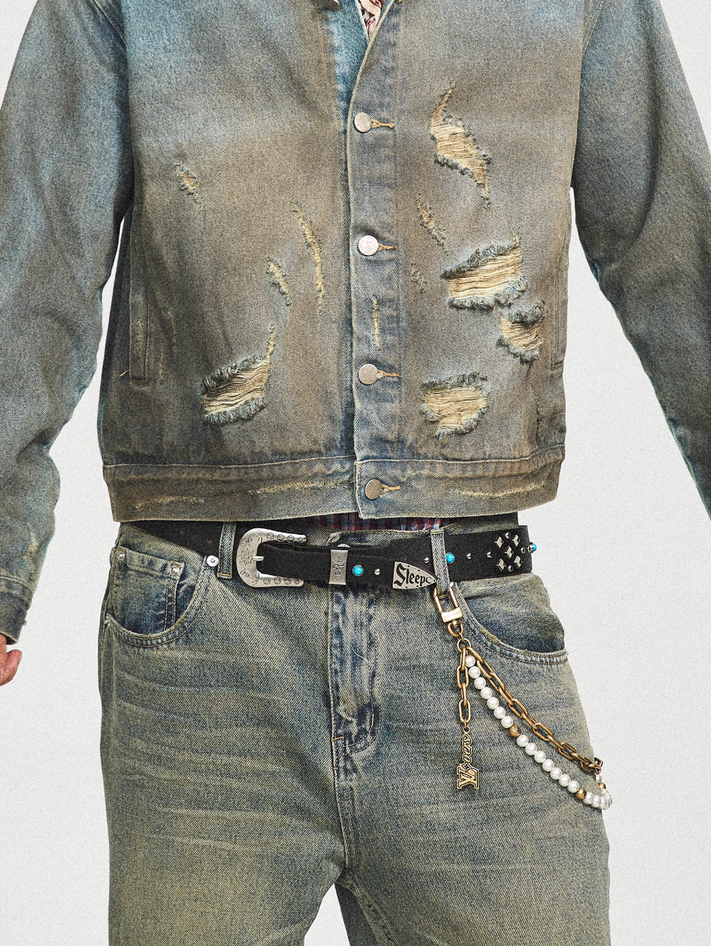 STEEPC Turquoise Studded Tanned Leather Belt