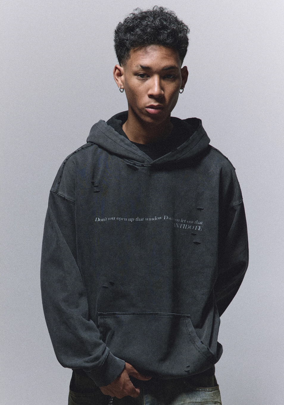 ANTIDOTE Washed Destroyed Slogan Hoodie