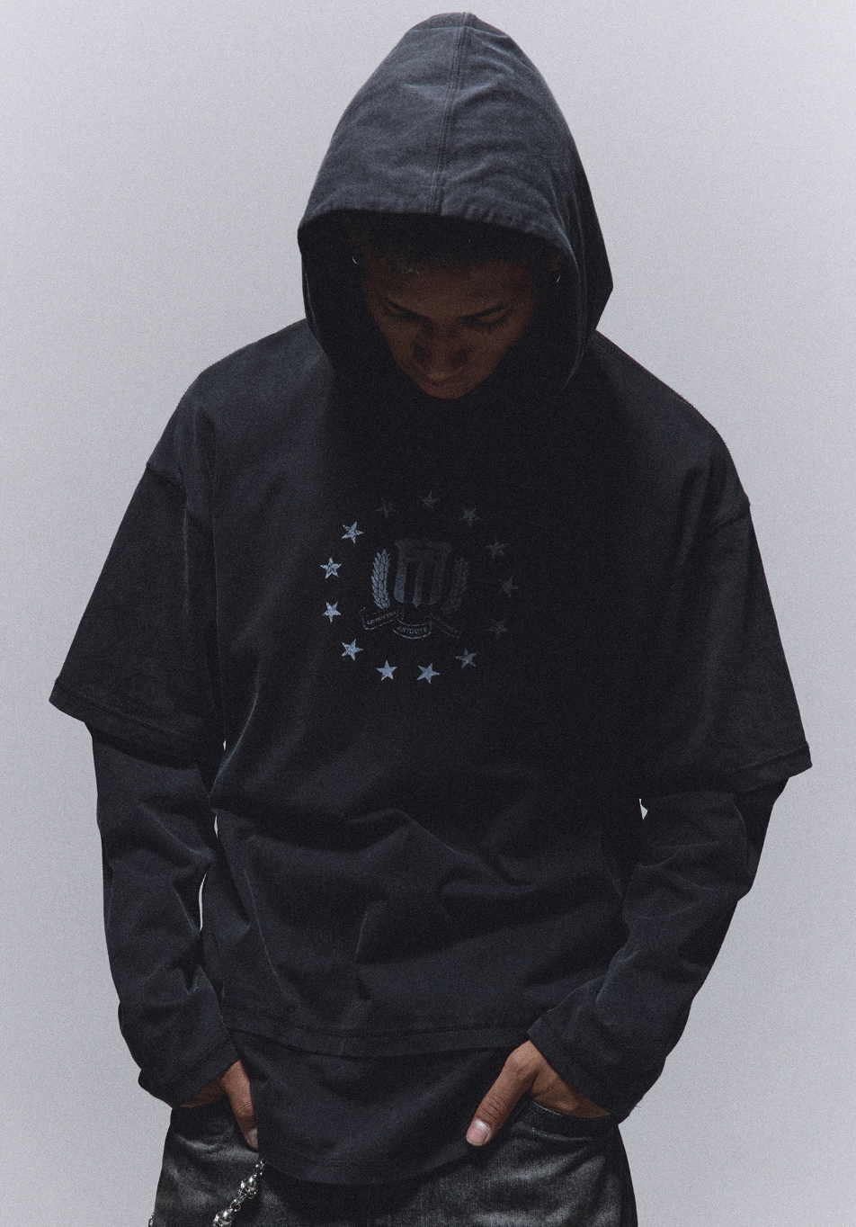 ANTIDOTE Washed Print Fake Two Piece Hoodie