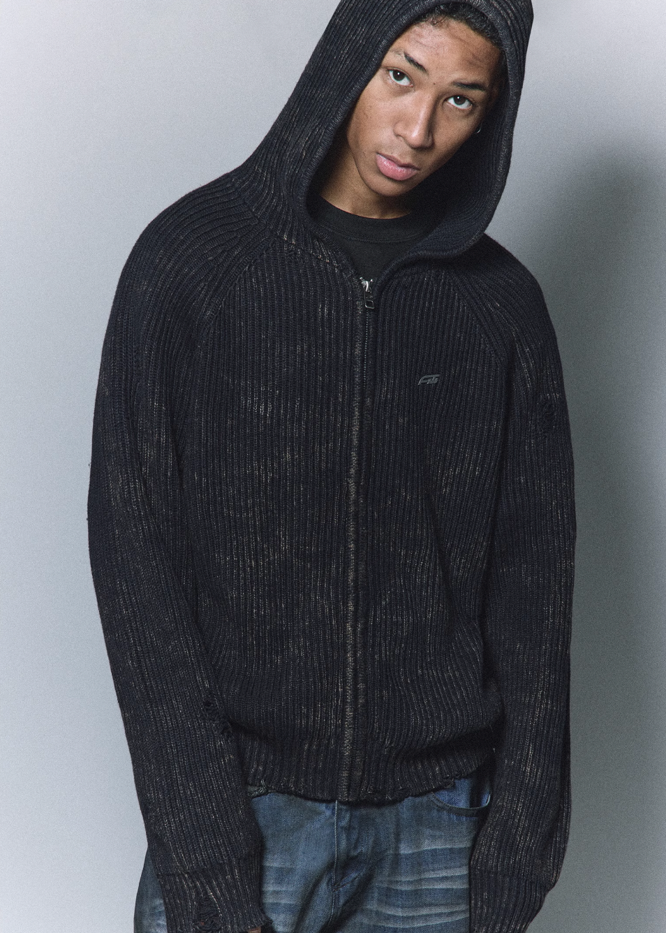 ANTIDOTE Washed Destruction Zip Up Knit Hoodie