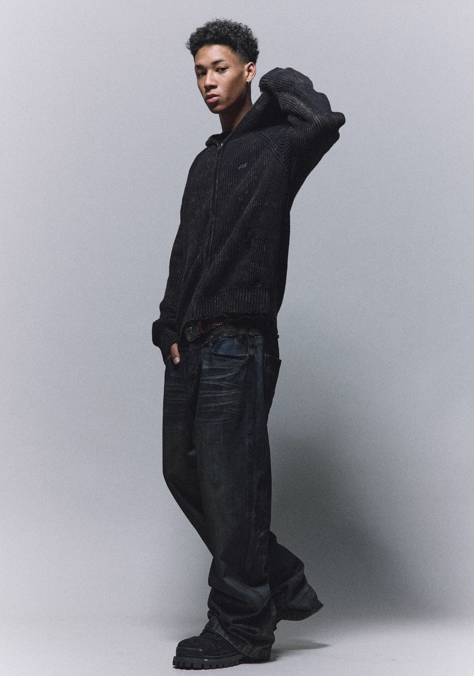 ANTIDOTE Washed Destruction Zip Up Knit Hoodie