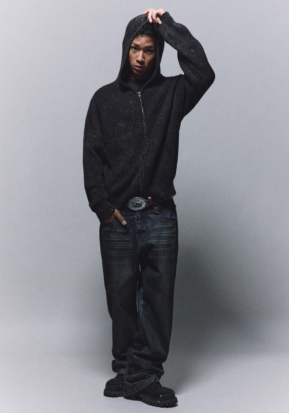 ANTIDOTE Washed Destruction Zip Up Knit Hoodie