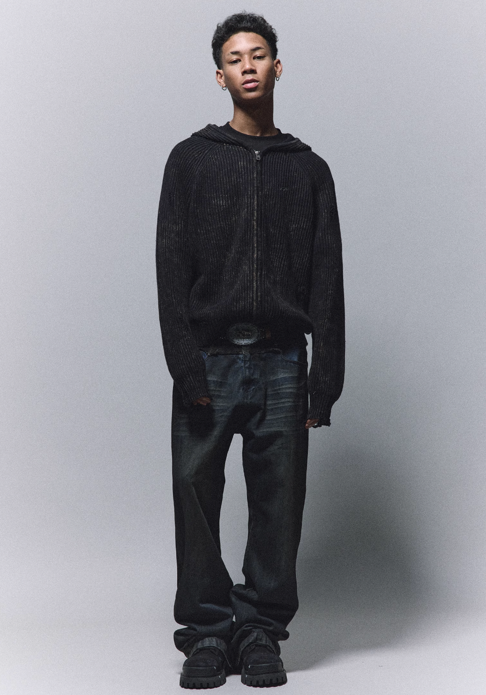ANTIDOTE Washed Destruction Zip Up Knit Hoodie