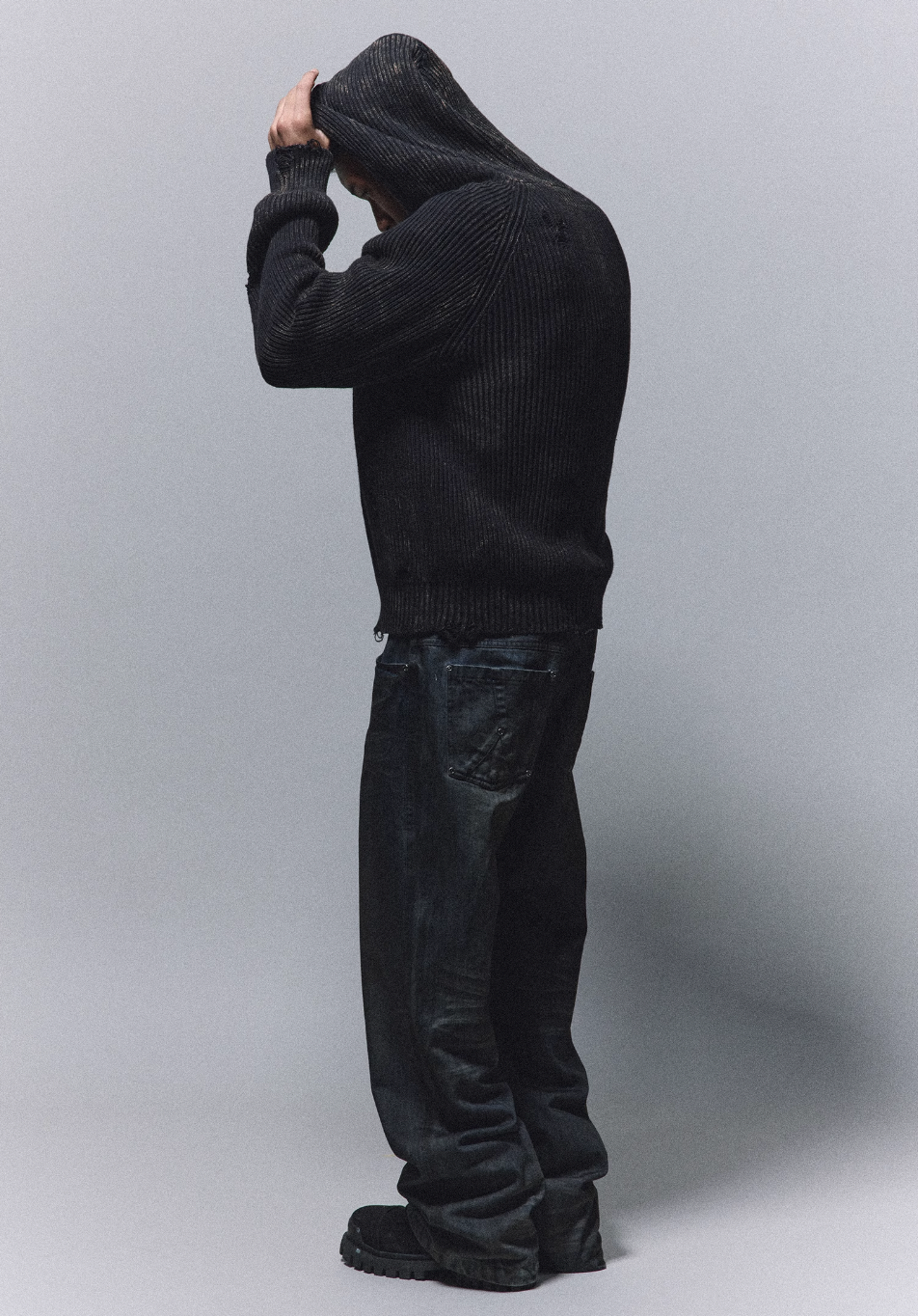 ANTIDOTE Washed Destruction Zip Up Knit Hoodie