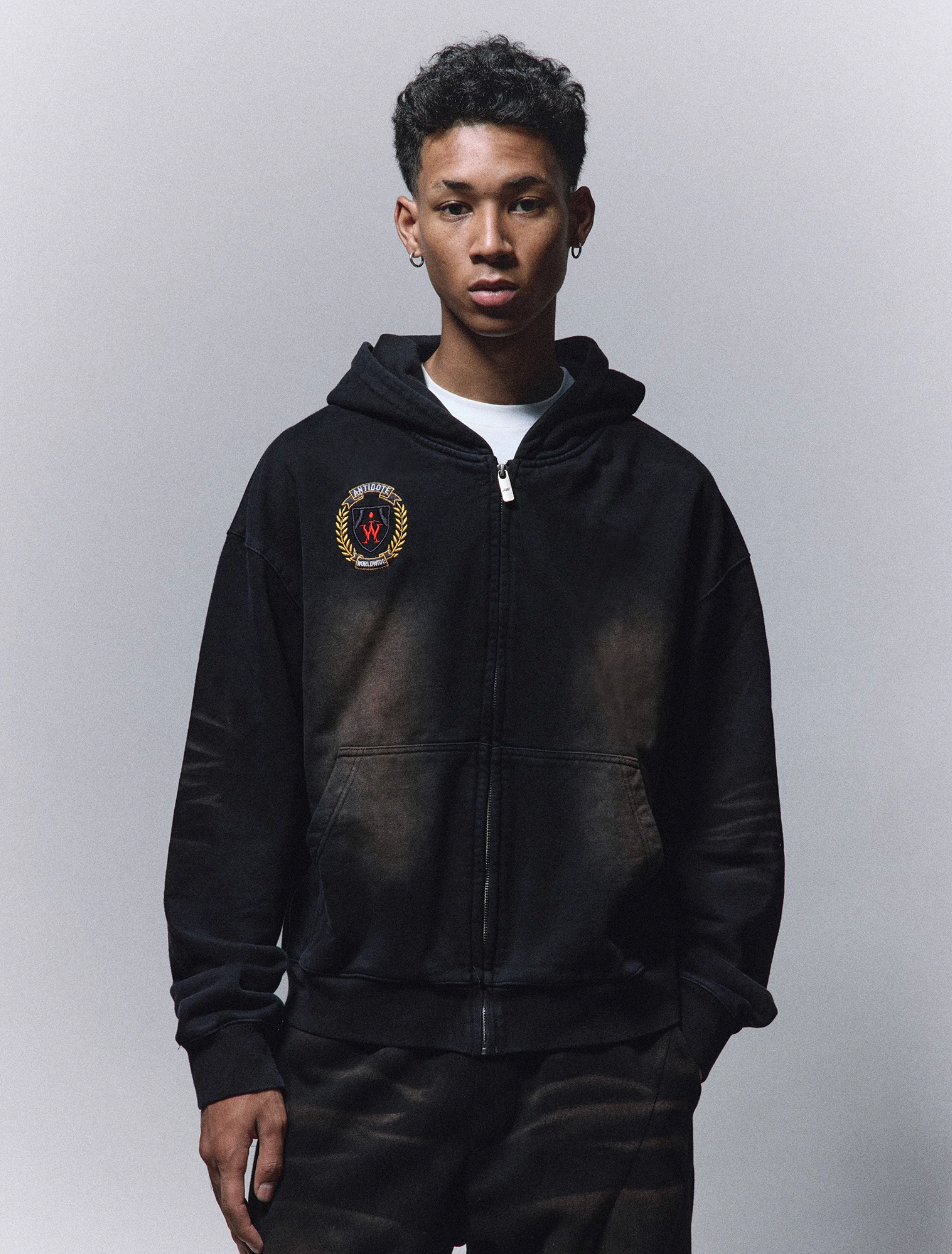 ANTIDOTE Washed Distressed Embroidery Badge Zip Up Hoodie