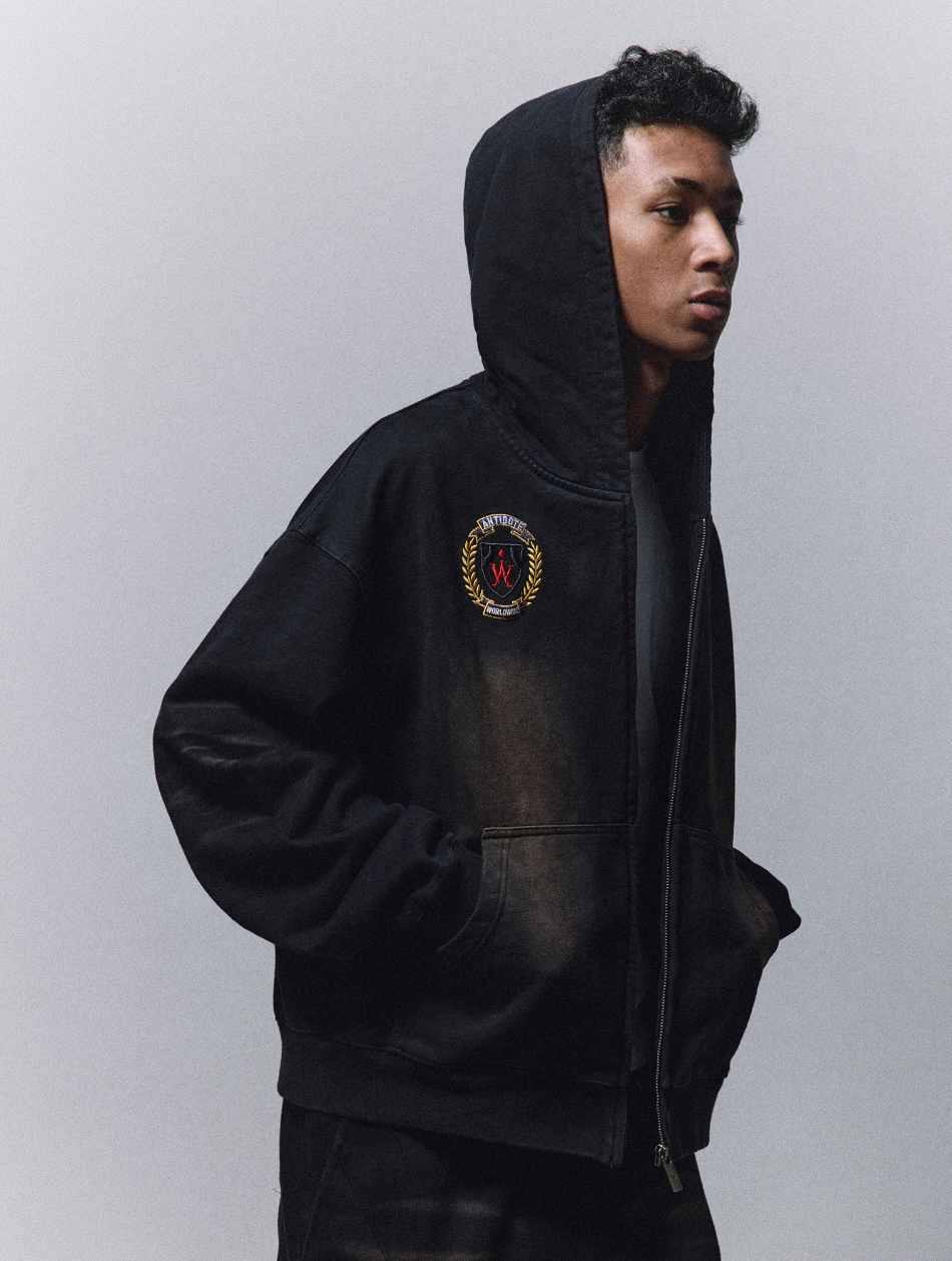 ANTIDOTE Washed Distressed Embroidery Badge Zip Up Hoodie