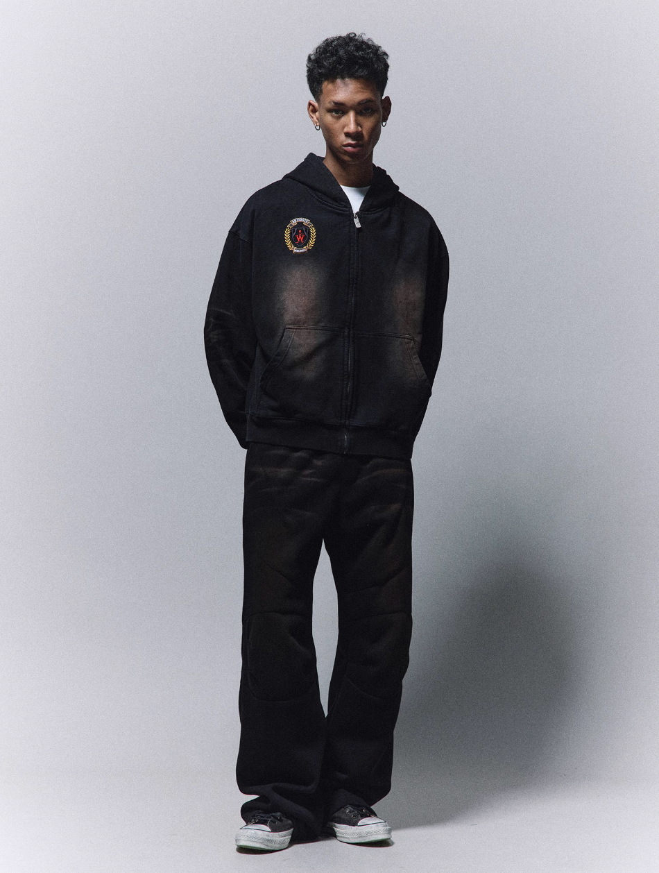 ANTIDOTE Washed Distressed Embroidery Badge Zip Up Hoodie