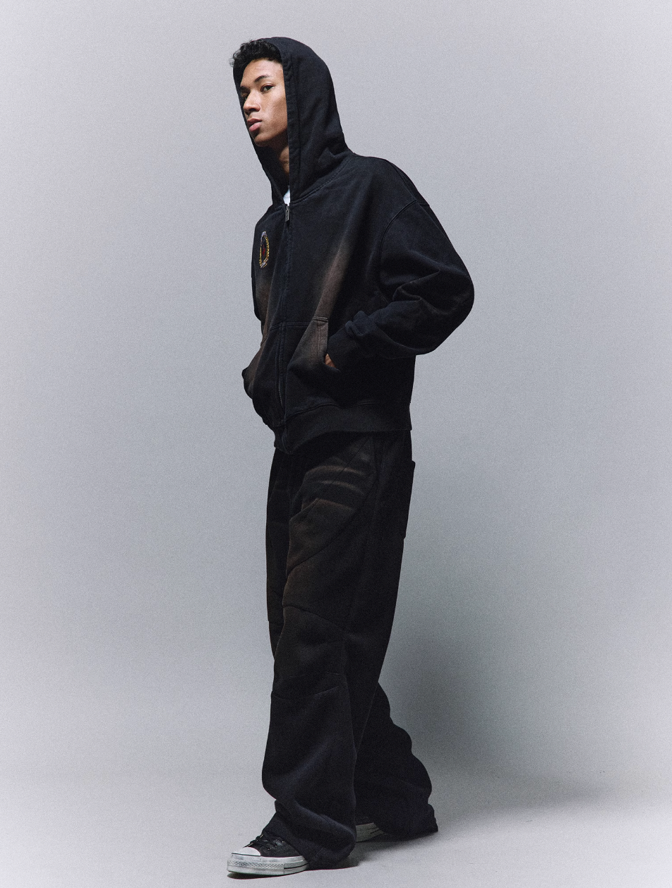 ANTIDOTE Washed Distressed Embroidery Badge Zip Up Hoodie