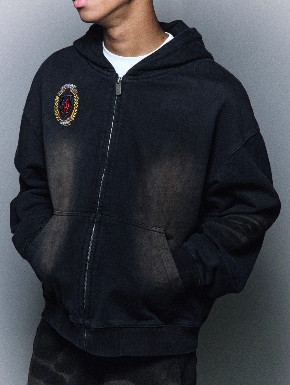 ANTIDOTE Washed Distressed Embroidery Badge Zip Up Hoodie