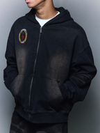 ANTIDOTE Washed Distressed Embroidery Badge Zip Up Hoodie