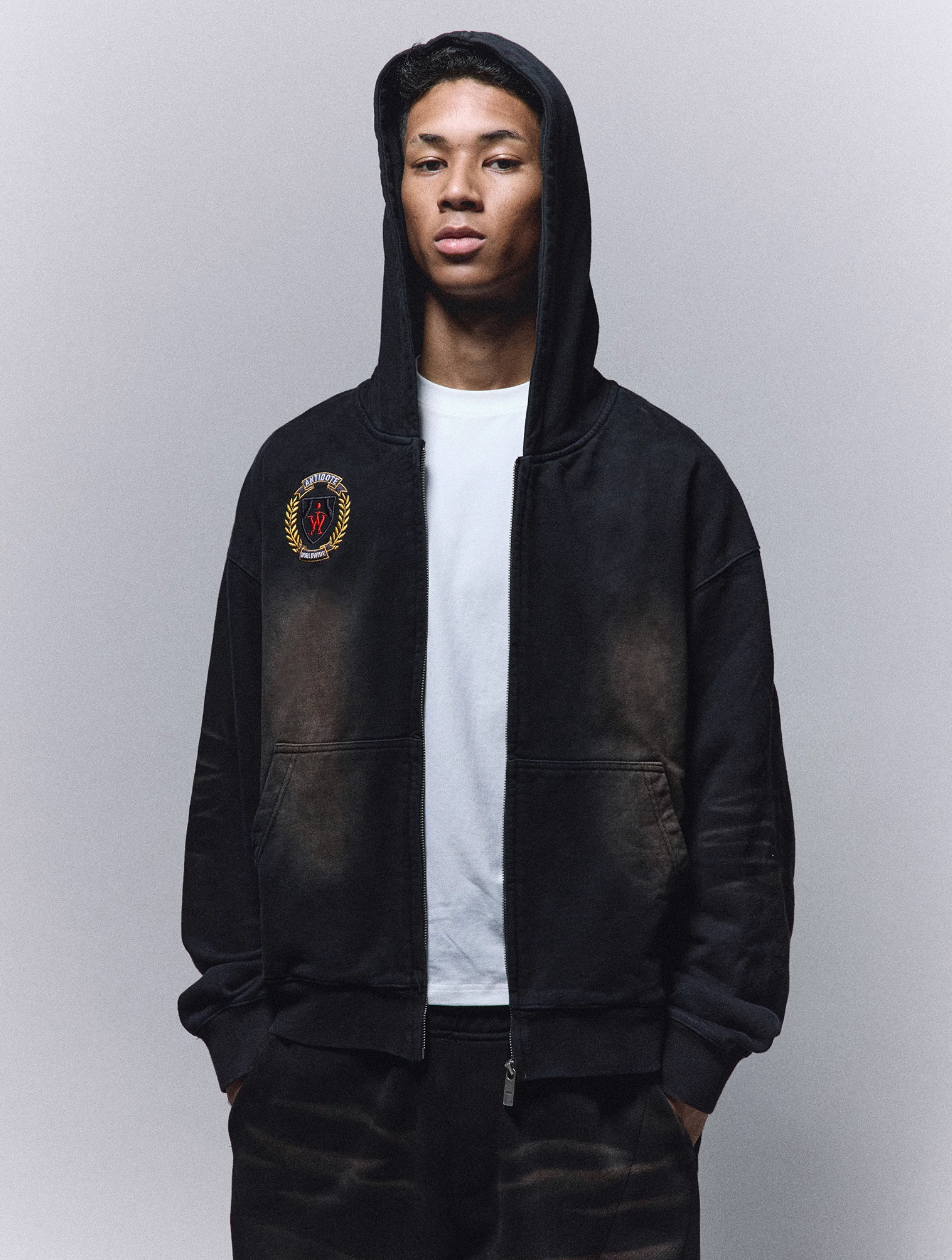 ANTIDOTE Washed Distressed Embroidery Badge Zip Up Hoodie