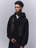 ANTIDOTE Washed Distressed Embroidery Badge Zip Up Hoodie