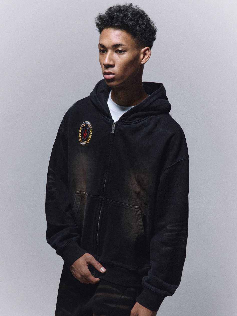 ANTIDOTE Washed Distressed Embroidery Badge Zip Up Hoodie