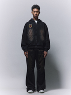 ANTIDOTE Washed Distressed Embroidery Badge Zip Up Hoodie
