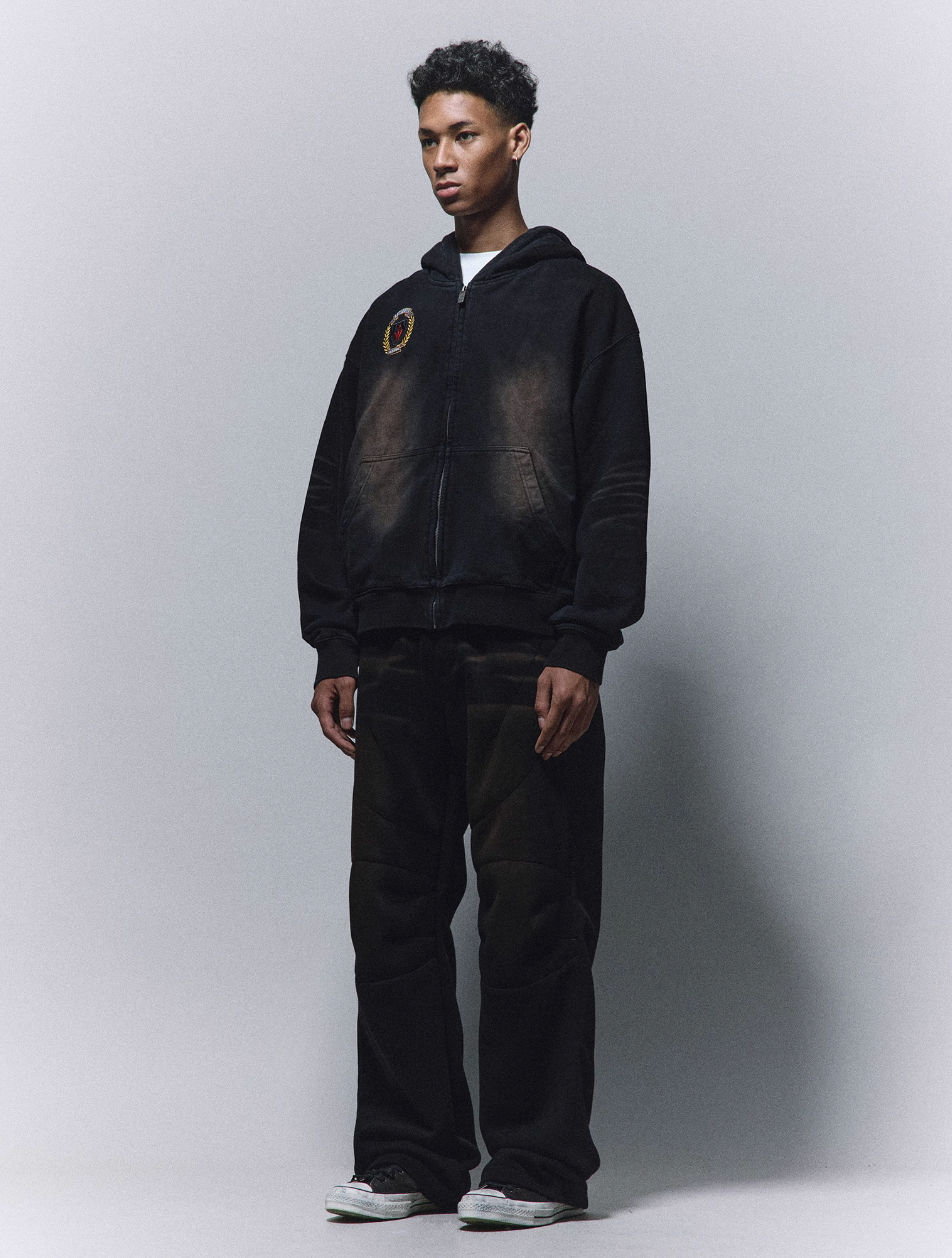ANTIDOTE Washed Distressed Embroidery Badge Zip Up Hoodie