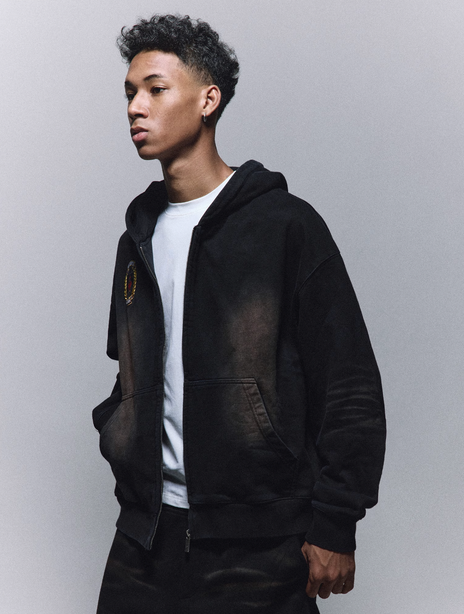 ANTIDOTE Washed Distressed Embroidery Badge Zip Up Hoodie