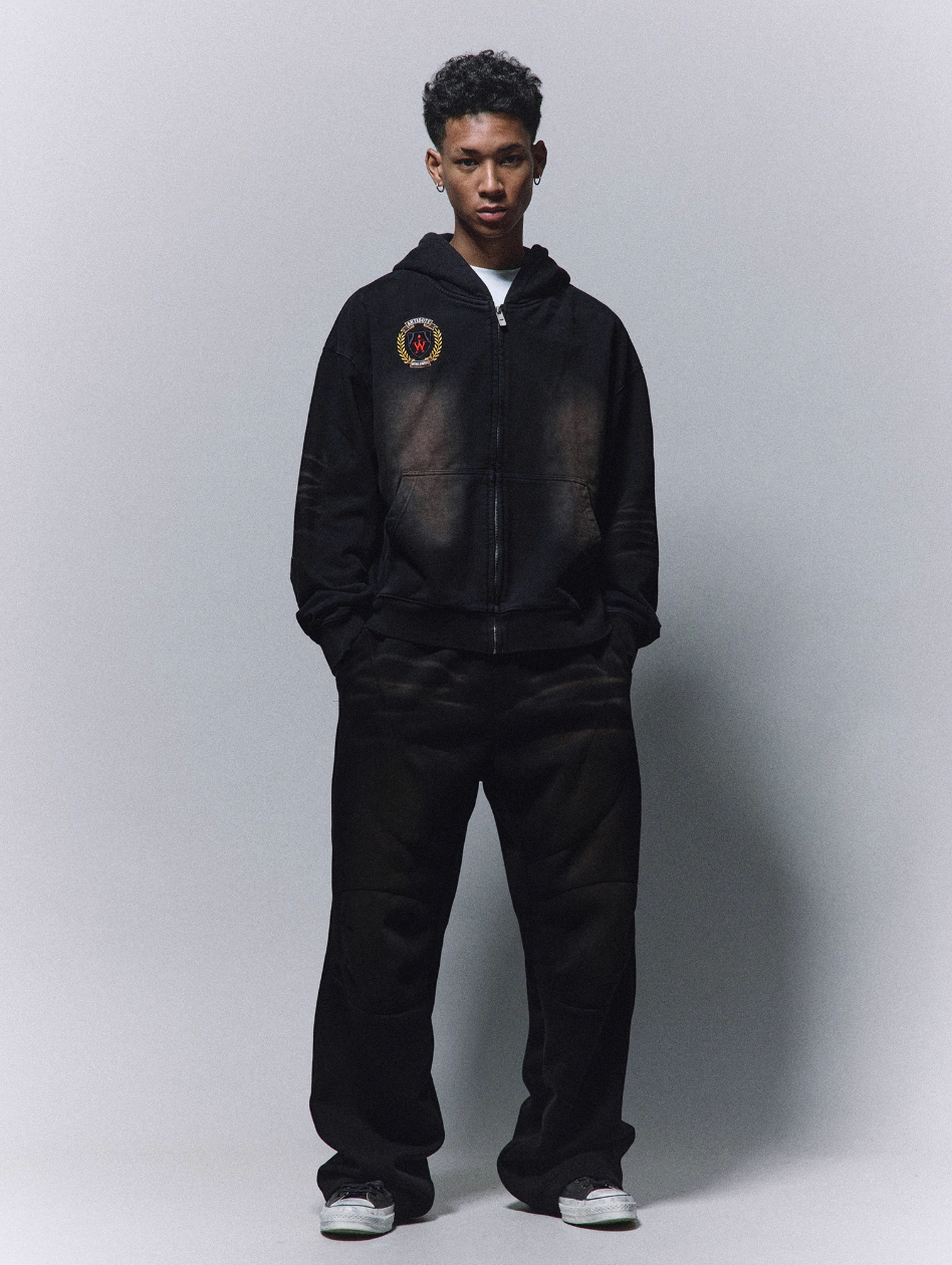 ANTIDOTE Washed Distressed Embroidery Badge Zip Up Hoodie