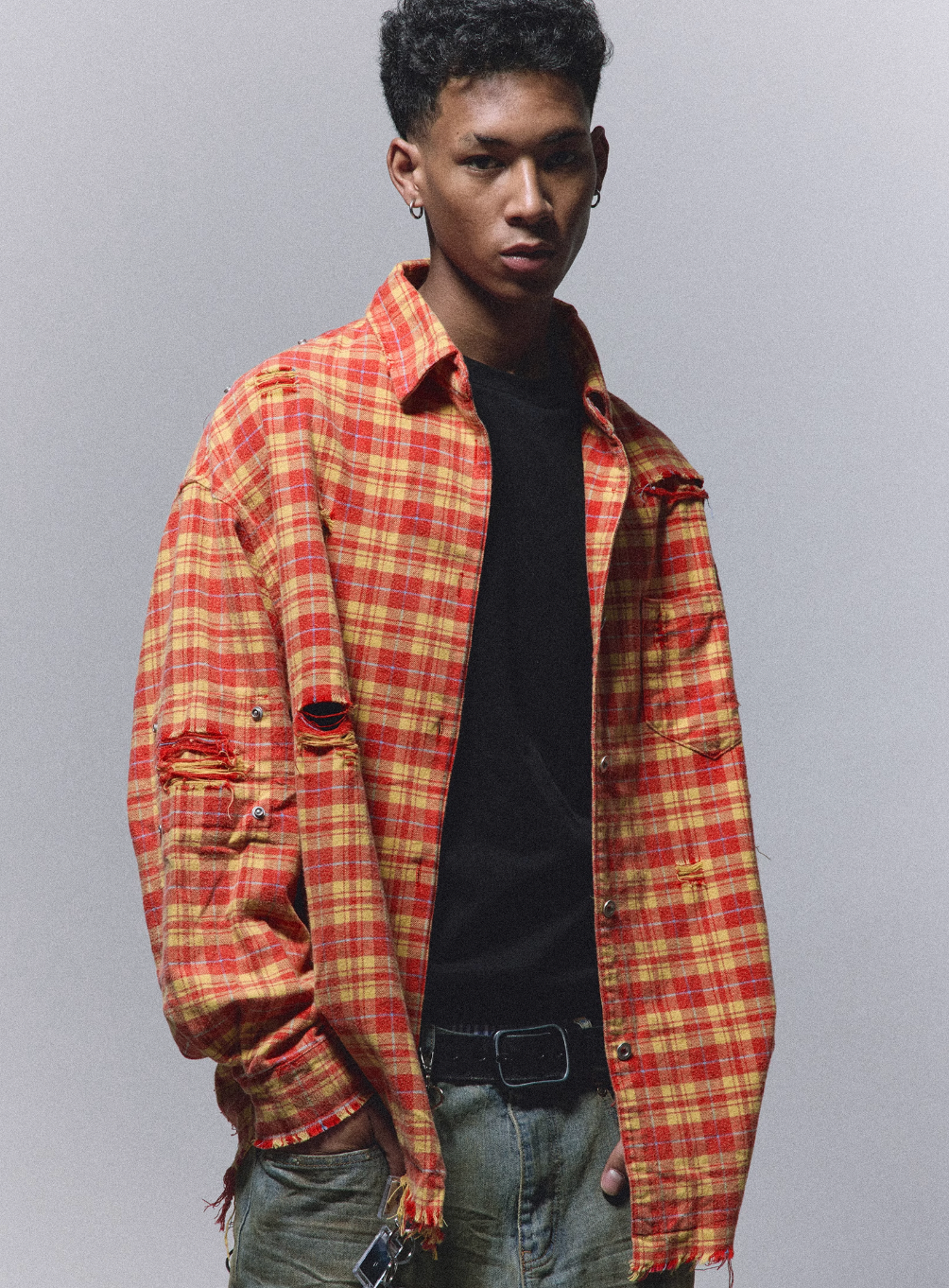 ANTIDOTE Destroyed Studded Plaid Long Sleeve Shirt
