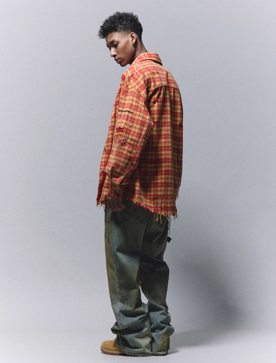 ANTIDOTE Destroyed Studded Plaid Long Sleeve Shirt