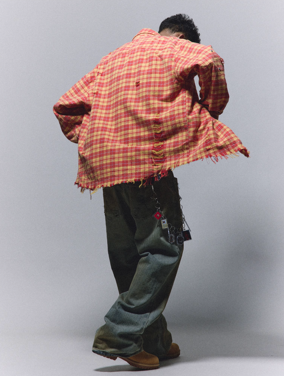 ANTIDOTE Destroyed Studded Plaid Long Sleeve Shirt