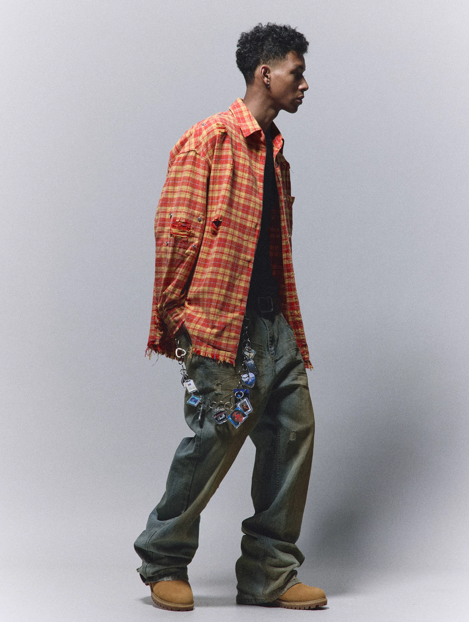 ANTIDOTE Destroyed Studded Plaid Long Sleeve Shirt