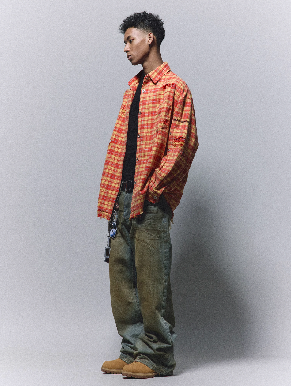 ANTIDOTE Destroyed Studded Plaid Long Sleeve Shirt