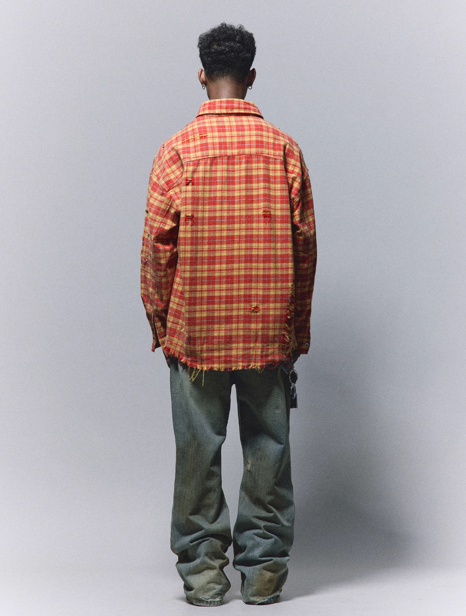 ANTIDOTE Destroyed Studded Plaid Long Sleeve Shirt