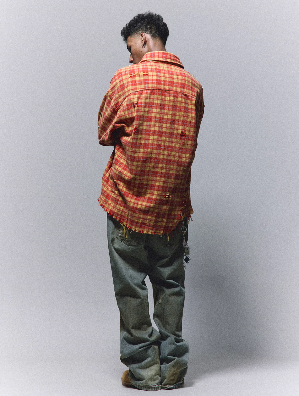 ANTIDOTE Destroyed Studded Plaid Long Sleeve Shirt