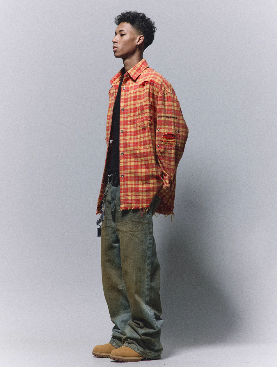 ANTIDOTE Destroyed Studded Plaid Long Sleeve Shirt