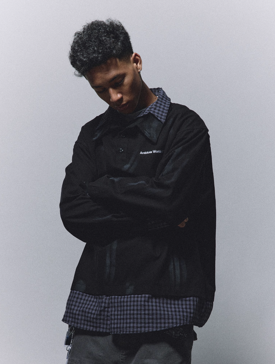 ANTIDOTE Fake Two Piece Plaid Patchwork Long Sleeve Shirt