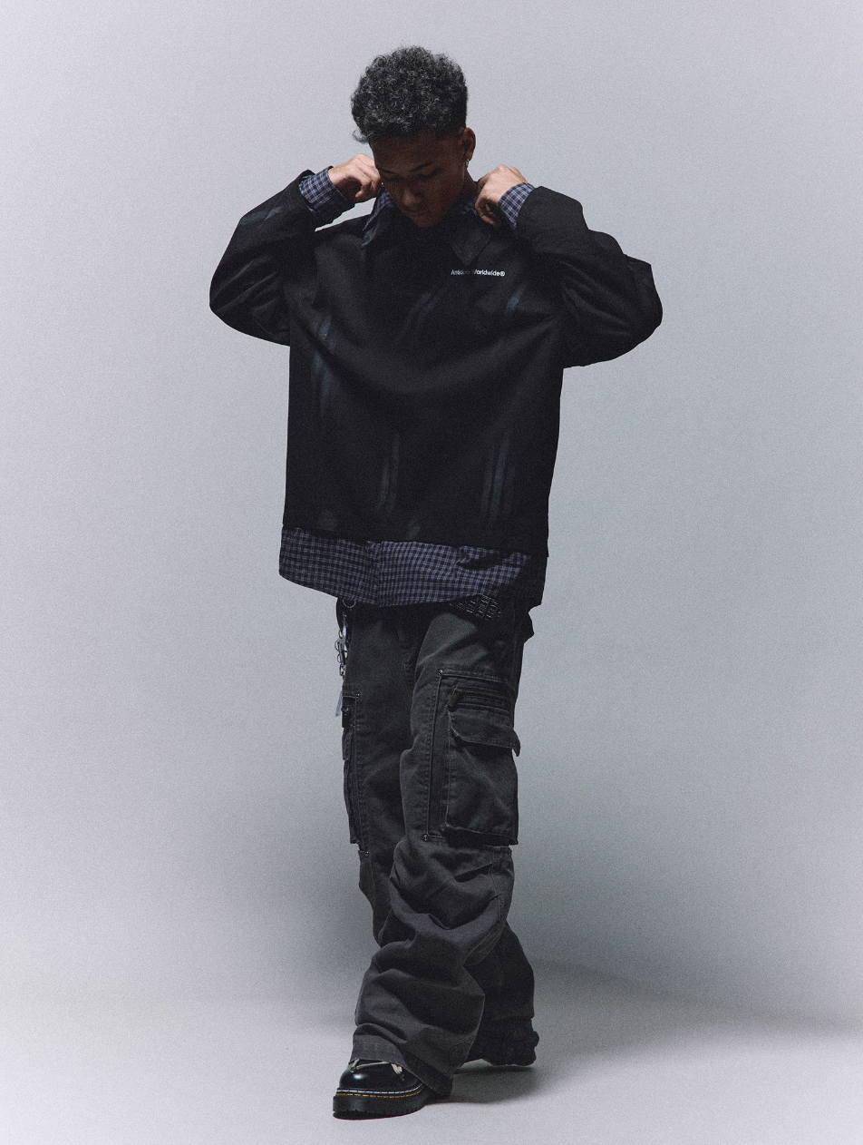 ANTIDOTE Fake Two Piece Plaid Patchwork Long Sleeve Shirt