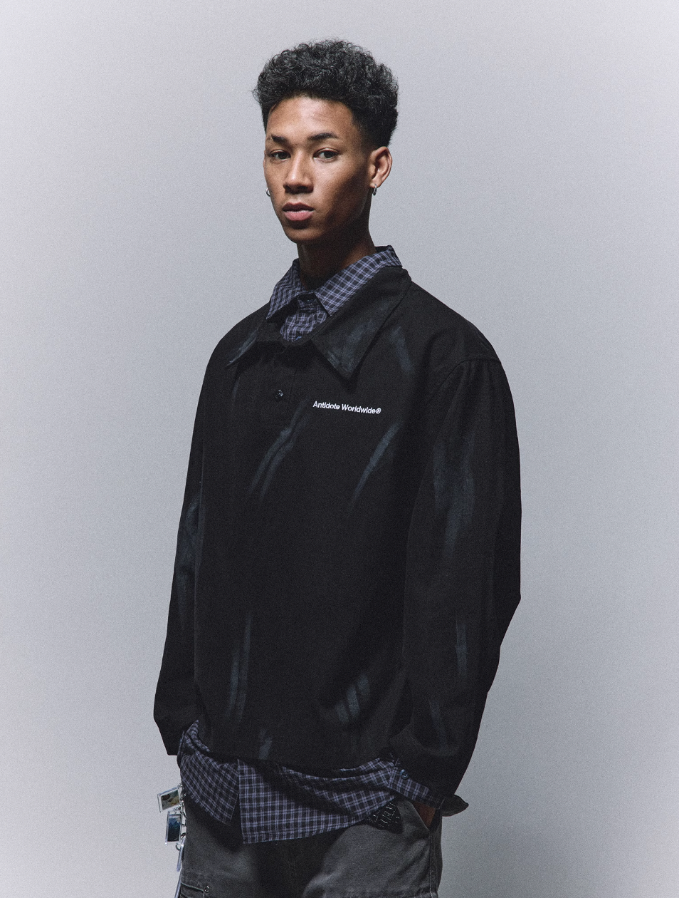 ANTIDOTE Fake Two Piece Plaid Patchwork Long Sleeve Shirt