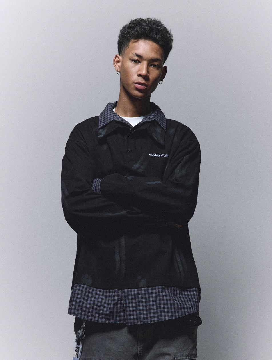ANTIDOTE Fake Two Piece Plaid Patchwork Long Sleeve Shirt