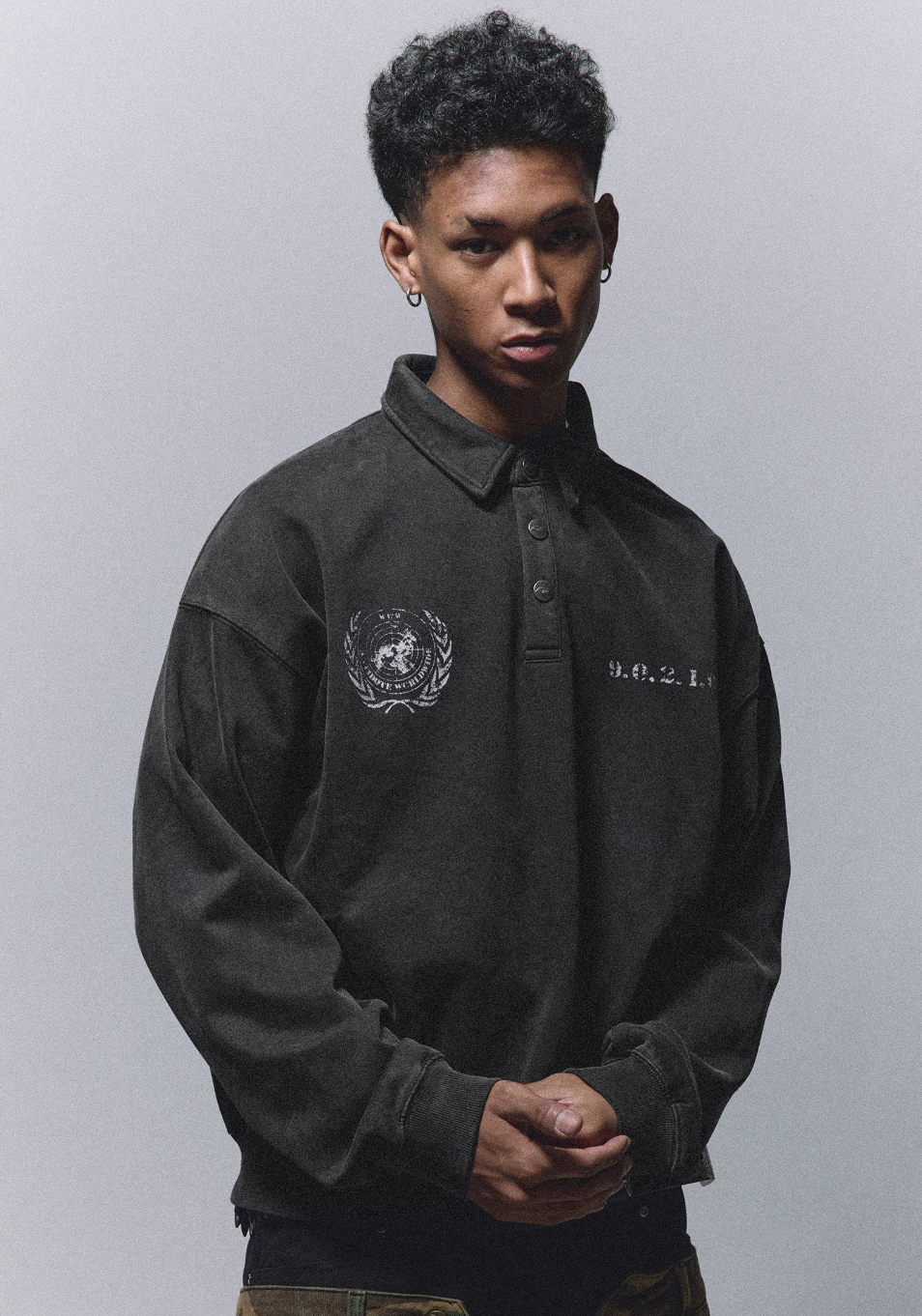 ANTIDOTE Badge Printed Washed Polo Sweatshirt