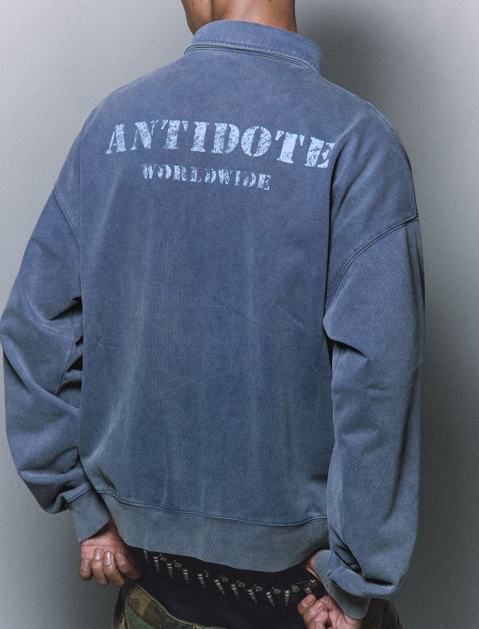 ANTIDOTE Badge Printed Washed Polo Sweatshirt