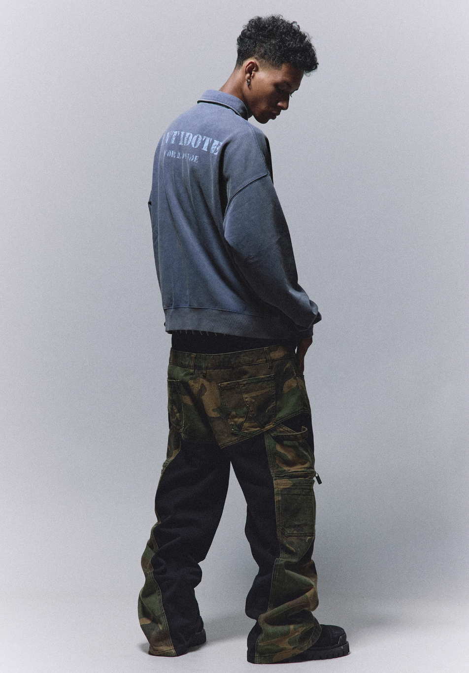 ANTIDOTE Badge Printed Washed Polo Sweatshirt
