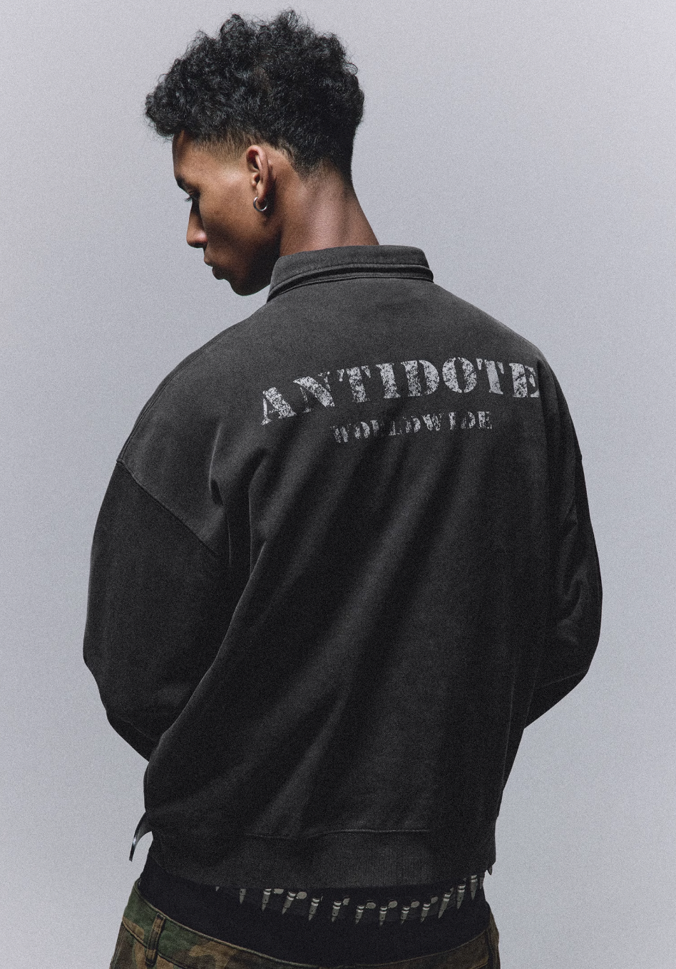 ANTIDOTE Badge Printed Washed Polo Sweatshirt