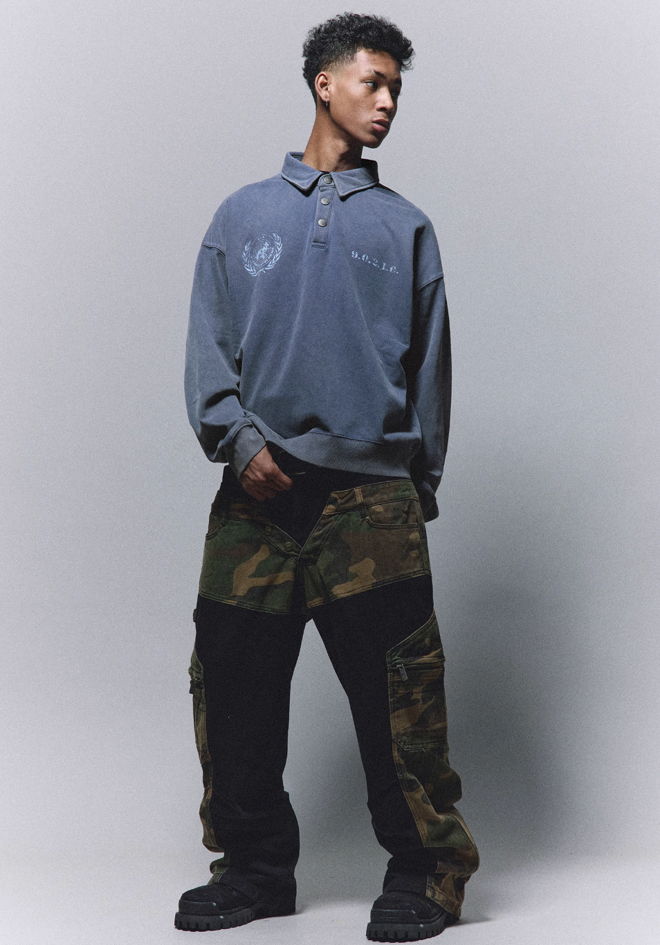 ANTIDOTE Badge Printed Washed Polo Sweatshirt