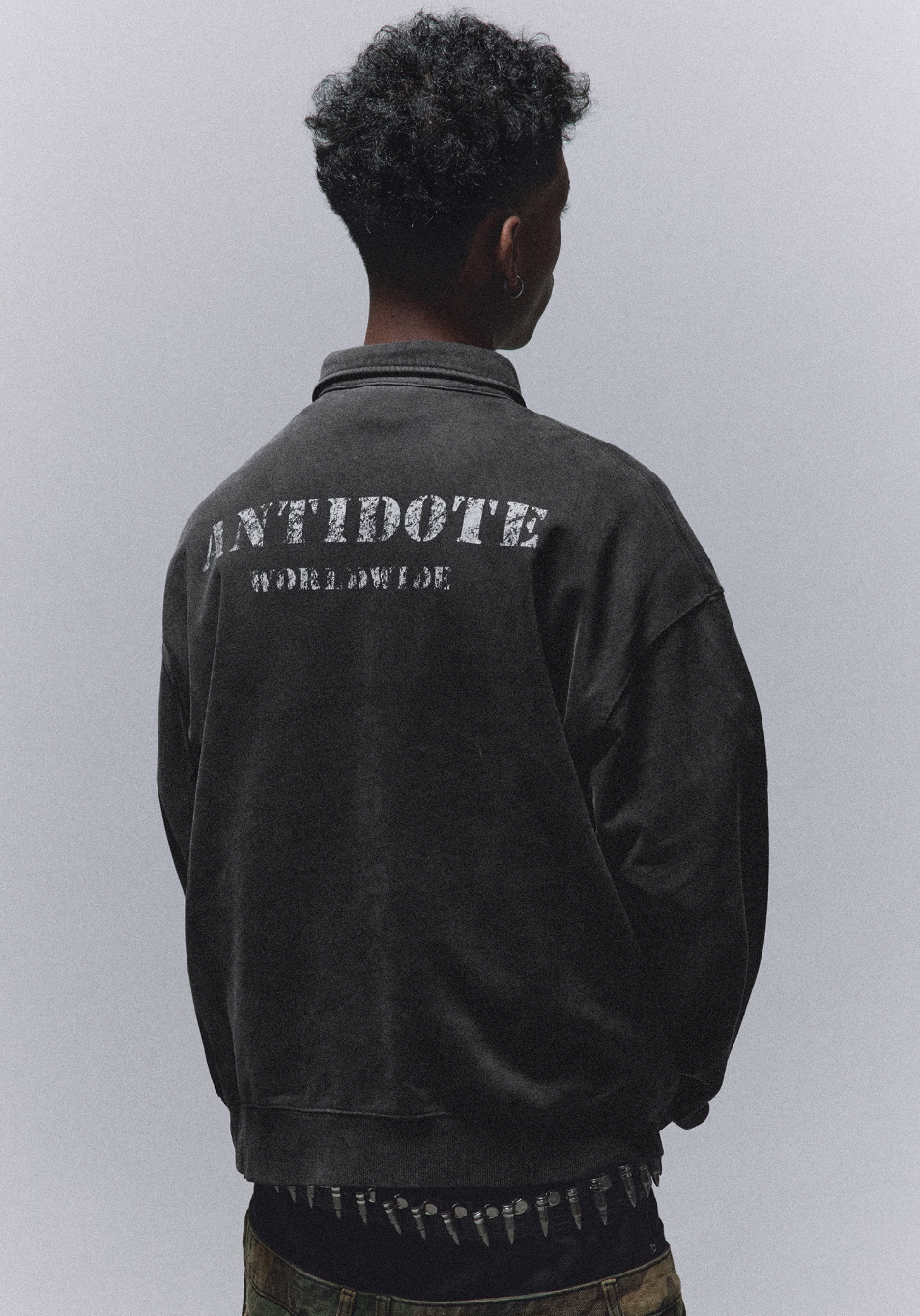 ANTIDOTE Badge Printed Washed Polo Sweatshirt