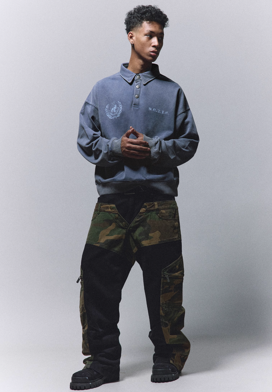ANTIDOTE Badge Printed Washed Polo Sweatshirt