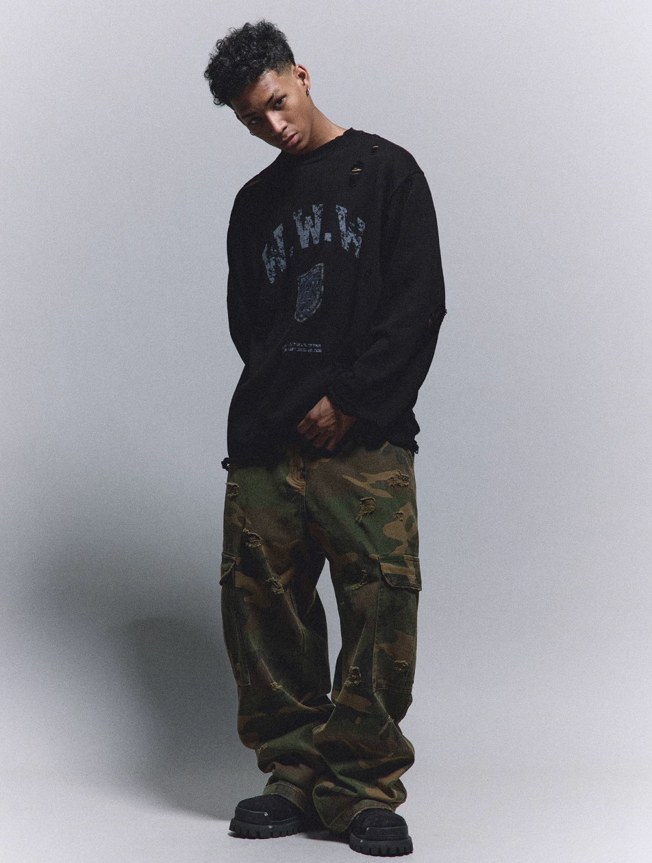 ANTIDOTE Hole Breaking Badge Printed Knit Sweater