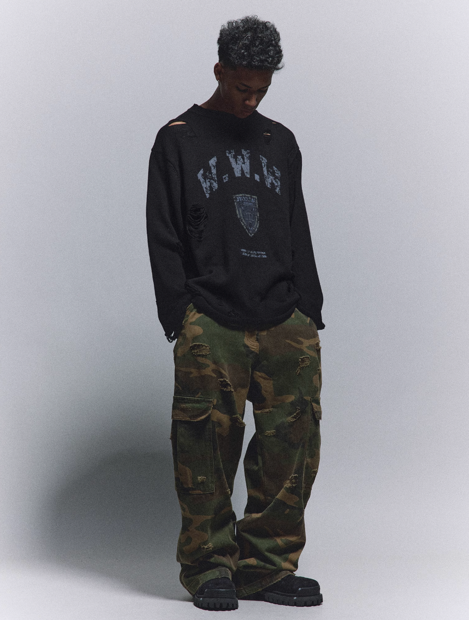 ANTIDOTE Hole Breaking Badge Printed Knit Sweater