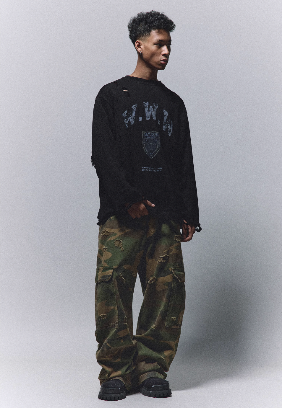 ANTIDOTE Camouflage Washed Hole Baggy Cargo Pants