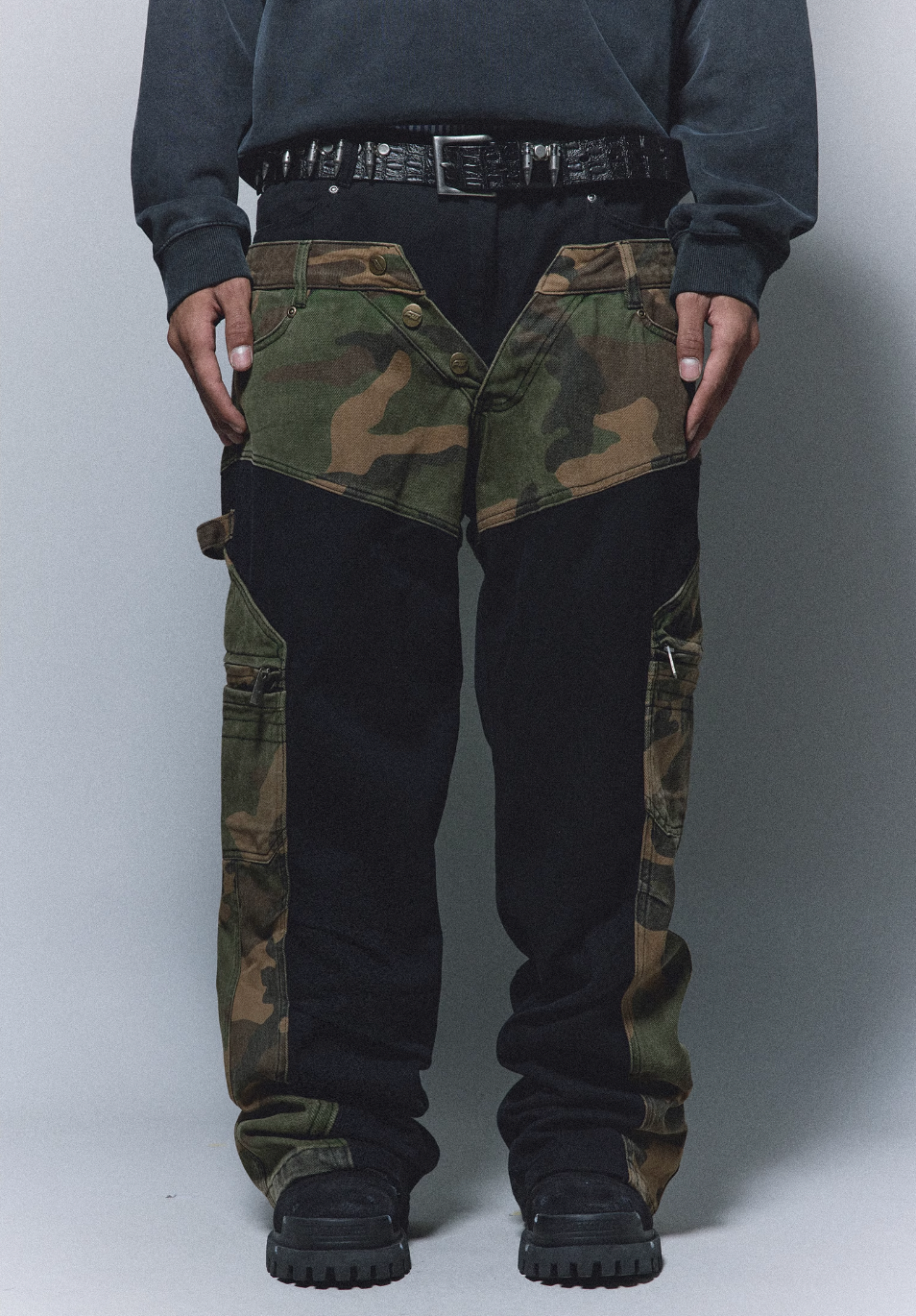 ANTIDOTE Camouflage Canvas Patchwork Baggy Pants