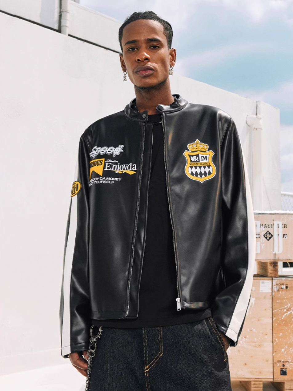 MEDM Striped Embroidered PU Leather Single Rider Jacket