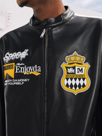 MEDM Striped Embroidered PU Leather Single Rider Jacket