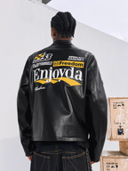 MEDM Striped Embroidered PU Leather Single Rider Jacket